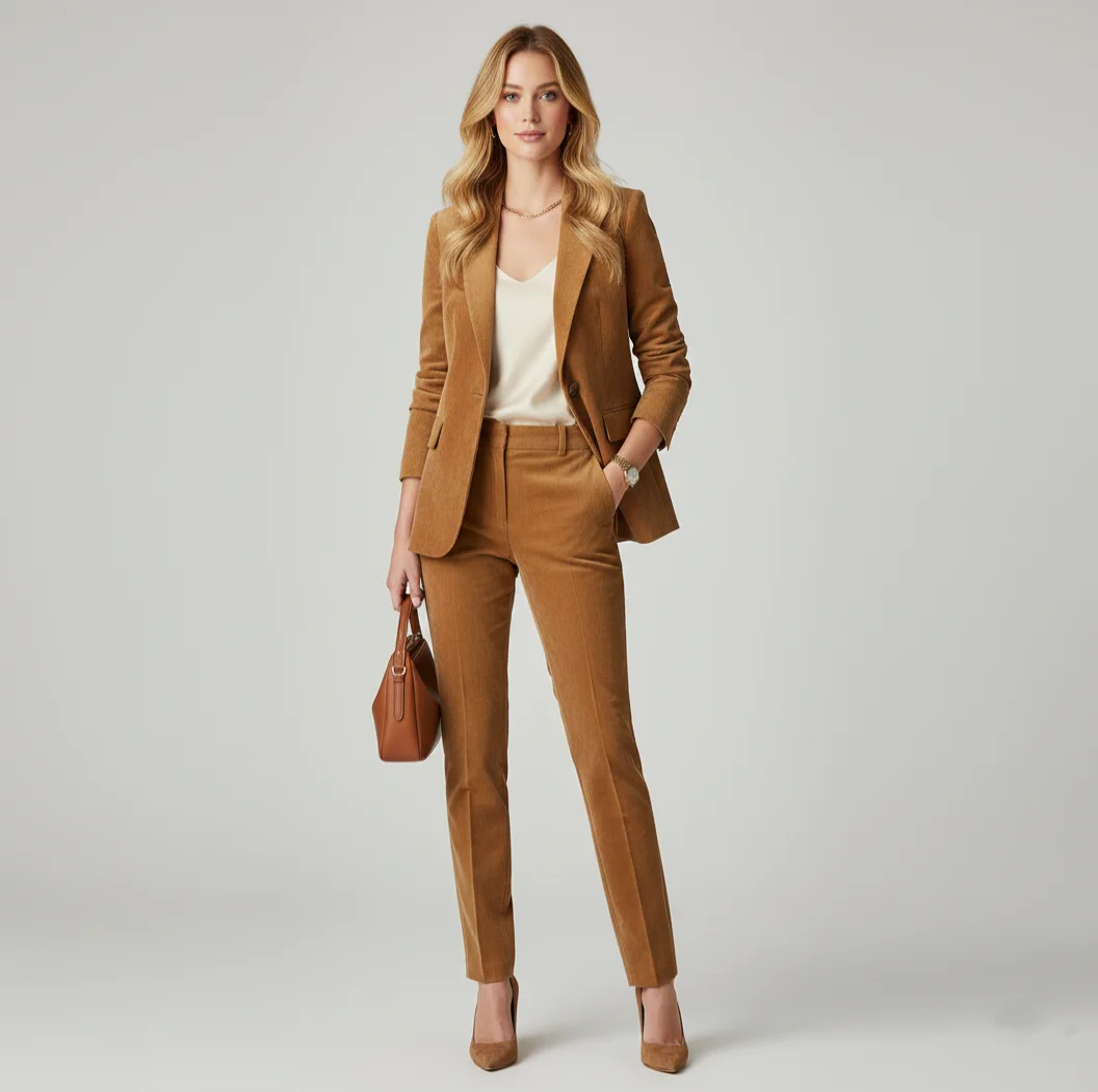 

Women's 2 Piece Faux Suede Suit Dressy Office Work Pant Suit Double Breasted Blazer Pants Business Suit Set for Women
