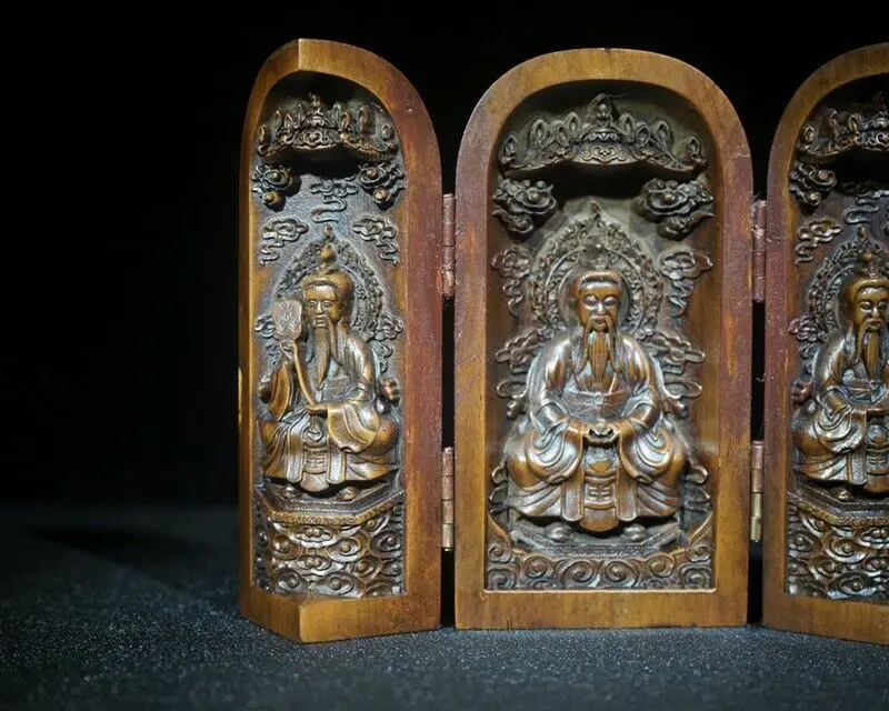 Old Chinese Boxwood Handcarved Sanqing Buddha Three Open Boxes