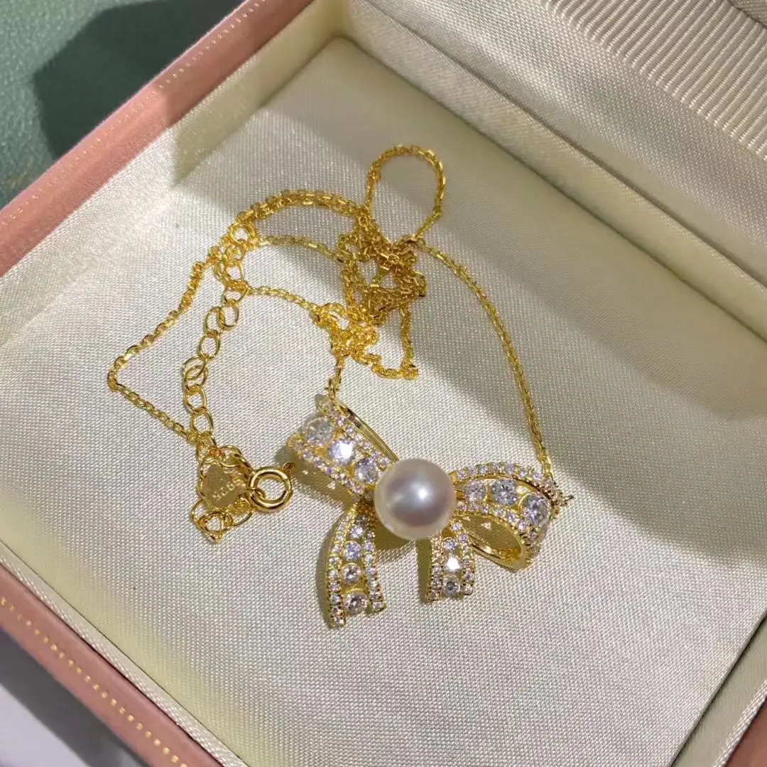 

Bow Knot S925 Sterling Silver Necklace Findings Jewelry Base Settings Mountings Parts Mounts for 8-9mm Pearls Stones 5pcs/lot