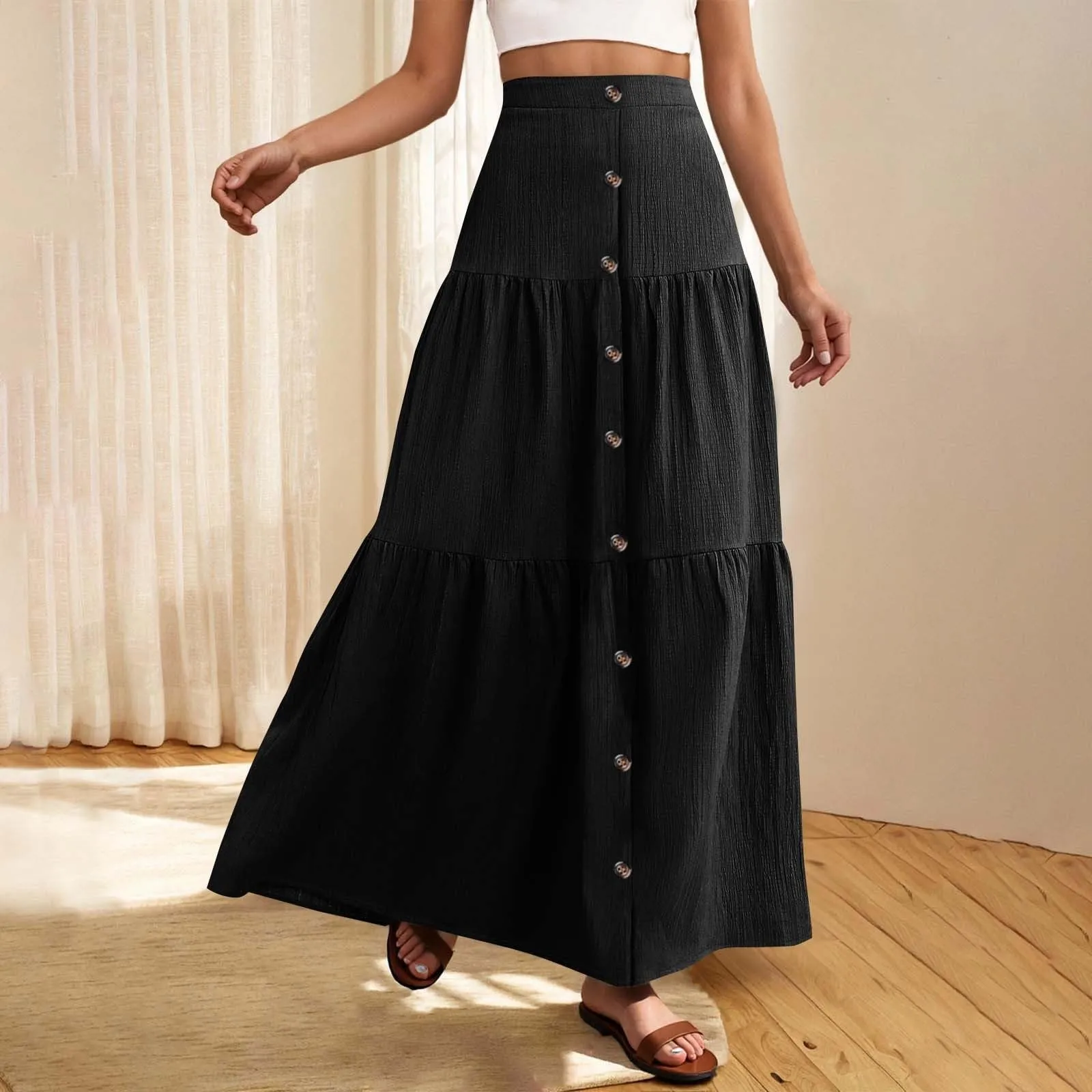 

Solid Color Skirts For Women New Half Length Skirt With Front Button Summer Casual Elastic Waist Pocket A-Line Half Length Skirt