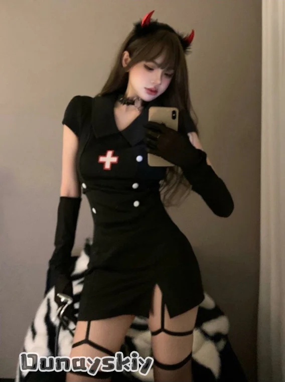 Dark Devil ฮาโลวีนคอสเพลย์เครื่องแต่งกายเซ็กซี่ Devil พยาบาลชุดสีดําสีขาวชุดสตรีสําหรับฮาโลวีนชุดเล่นตามบทบาท