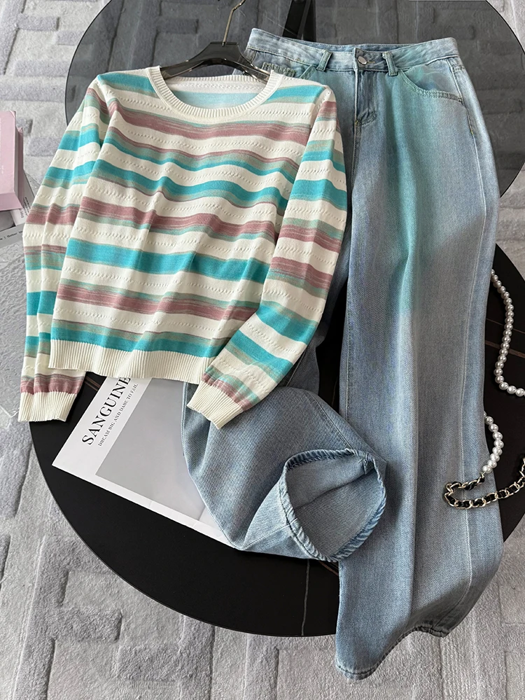 

Spring 2026 Women's Fashion Stripe Long Sleeve T-shirt Wide Leg Jeans Two-Piece Set Age-Defying Casual Sportswear Ensemble