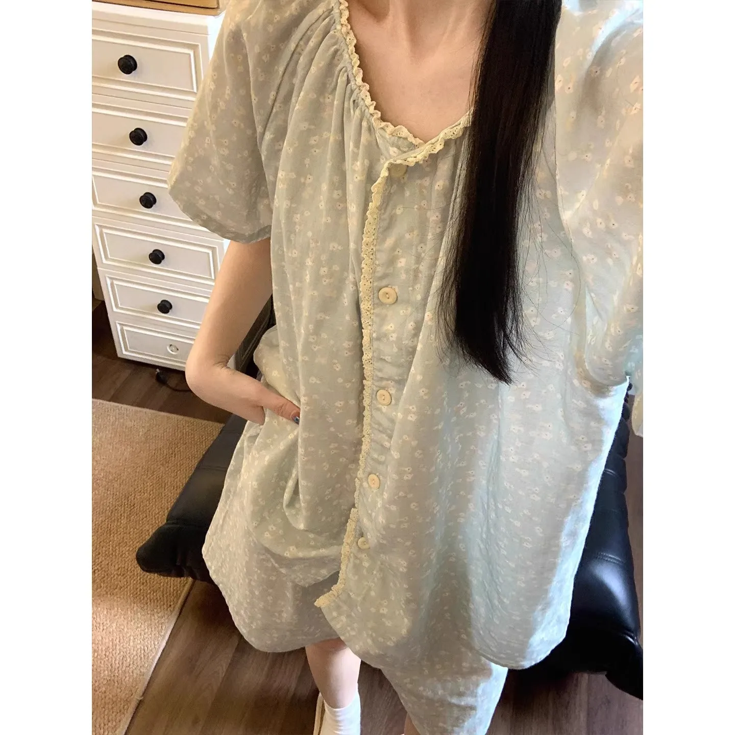 New Summer Sweet Lace Floral Pajamas for Women, Short Sleeve and Shorts, Summer Breathable Loose Round Neck Home Wear Set
