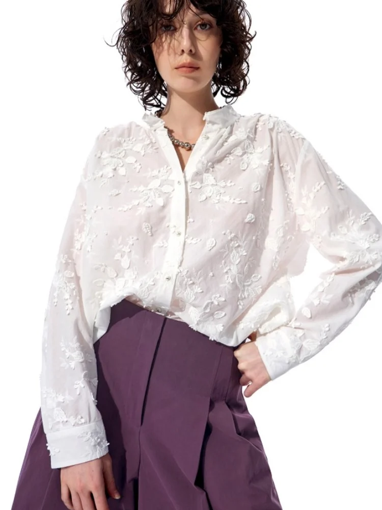 

Comfortable Breathable Casual Style Cotton Floral Embroidery 3D Flower Shirt Women's Loose Fit Long Sleeve Summer New Arrival