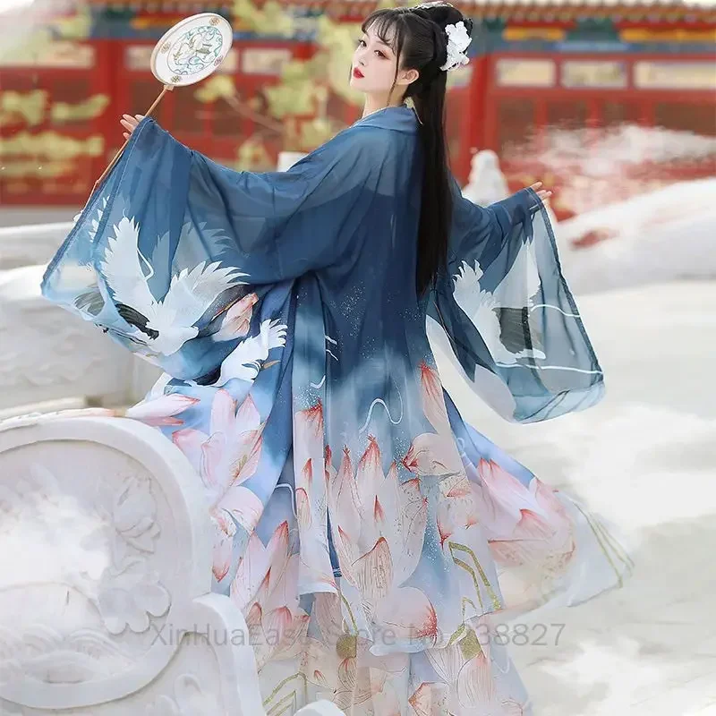 WATER Hanfu Women\'s Chinese Traditional Dresses Fairy Ancient Sinicization Long Sleeve Shirt Female Cosplay Clothes Crane