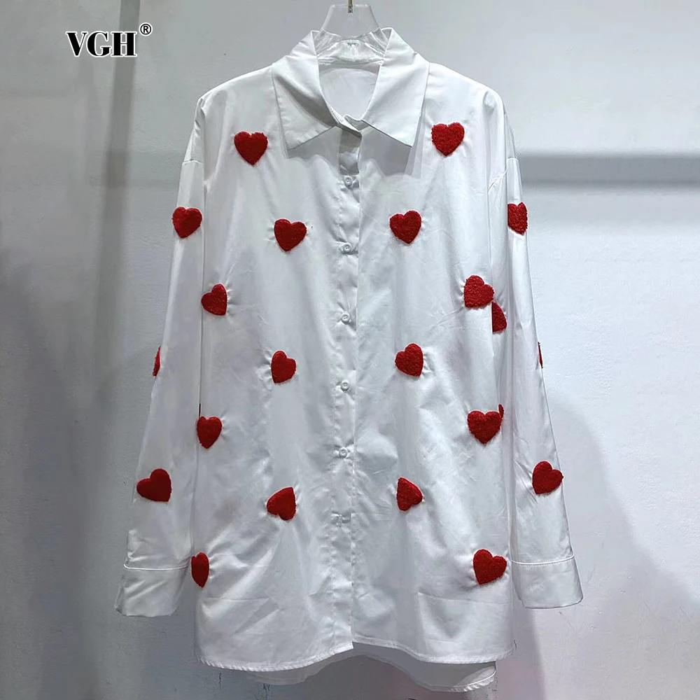 

VGH Casual Fashion Spliced Knitted 3D Love Shirt for Women Lapel Long Sleeve Patchwork Buttons Hit Color Design Blouses Female