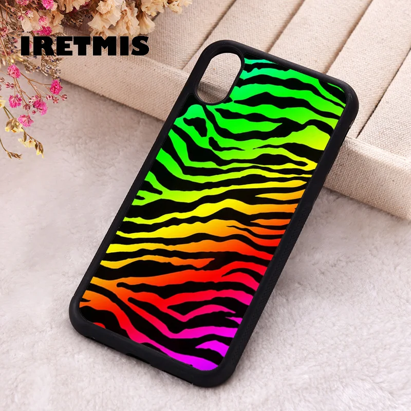 Iretmis Phone Cover Cases For iPhone X XS Max XR 11 12 13 PRO MINI 14 15 16 Plus Rubber Silicone RAINBOW ZEBRA SKIN