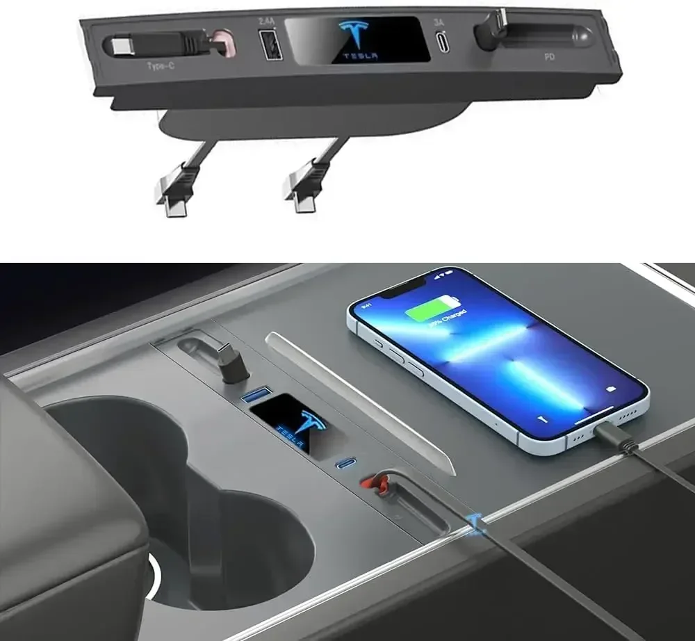 Tesla Docking Station with 2 Retractable Charging Cables, 27W PD Fast Charging for Tesla Model 3/Y,100% Fit for Center Console