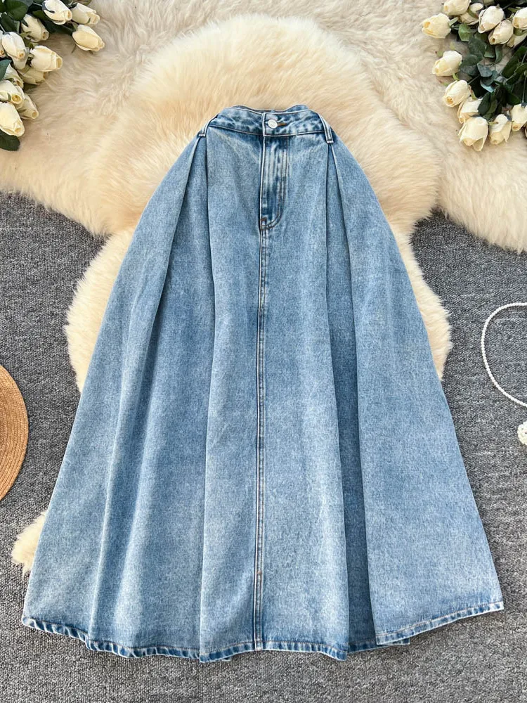 

Джинсовая юбка А-силуэта с высокой талией, повседневная, свободная, для офиса, стройнящая, длинная, в корейском стиле, средней длины