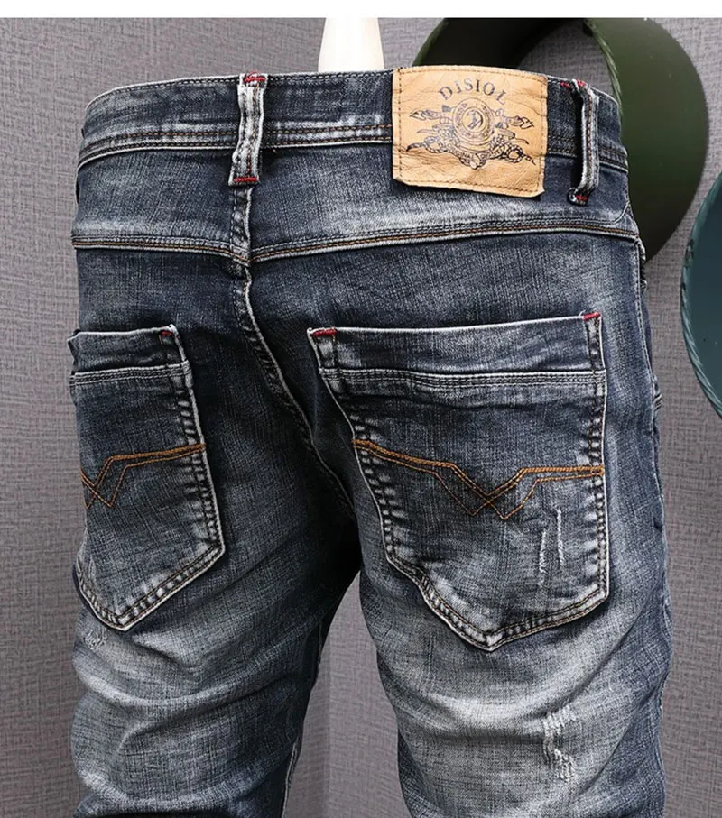 Newly Designer Fashion Men Jeans Retro Black Blue Elastic Slim Fit Ripped Jeans Men High Quality Vintage Casual Denim Pants