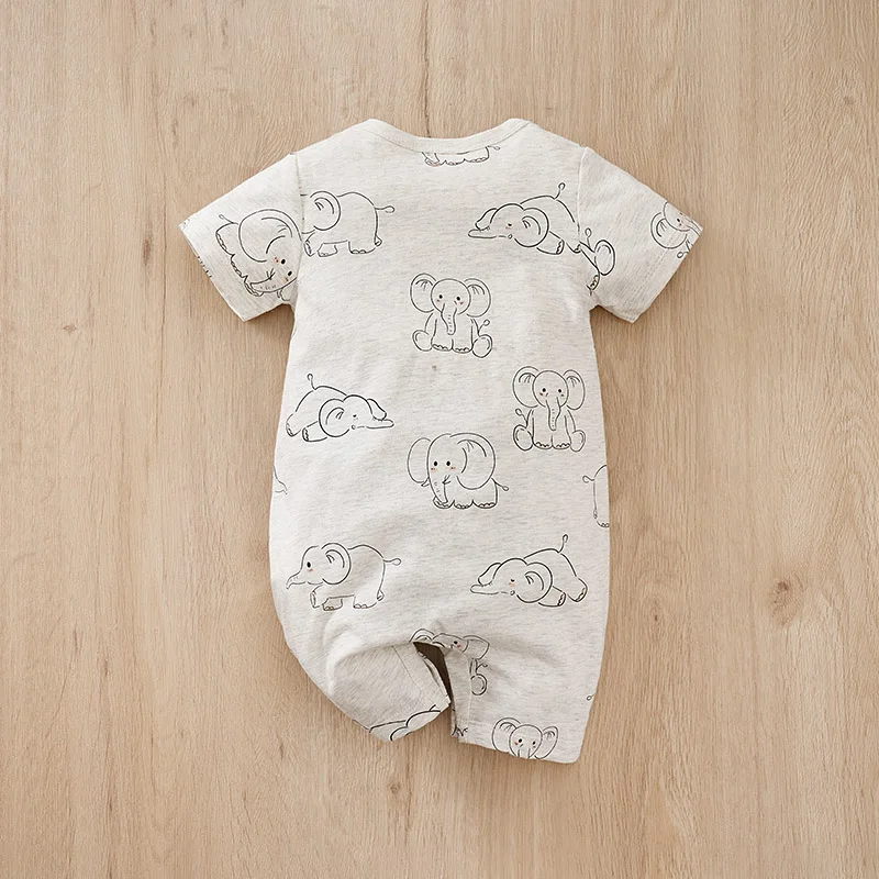 Summer Boys and Girls Cute Cartoon Elephant All Cotton Comfortable Casual Round Neck Short Sleeve Baby Bodysuit