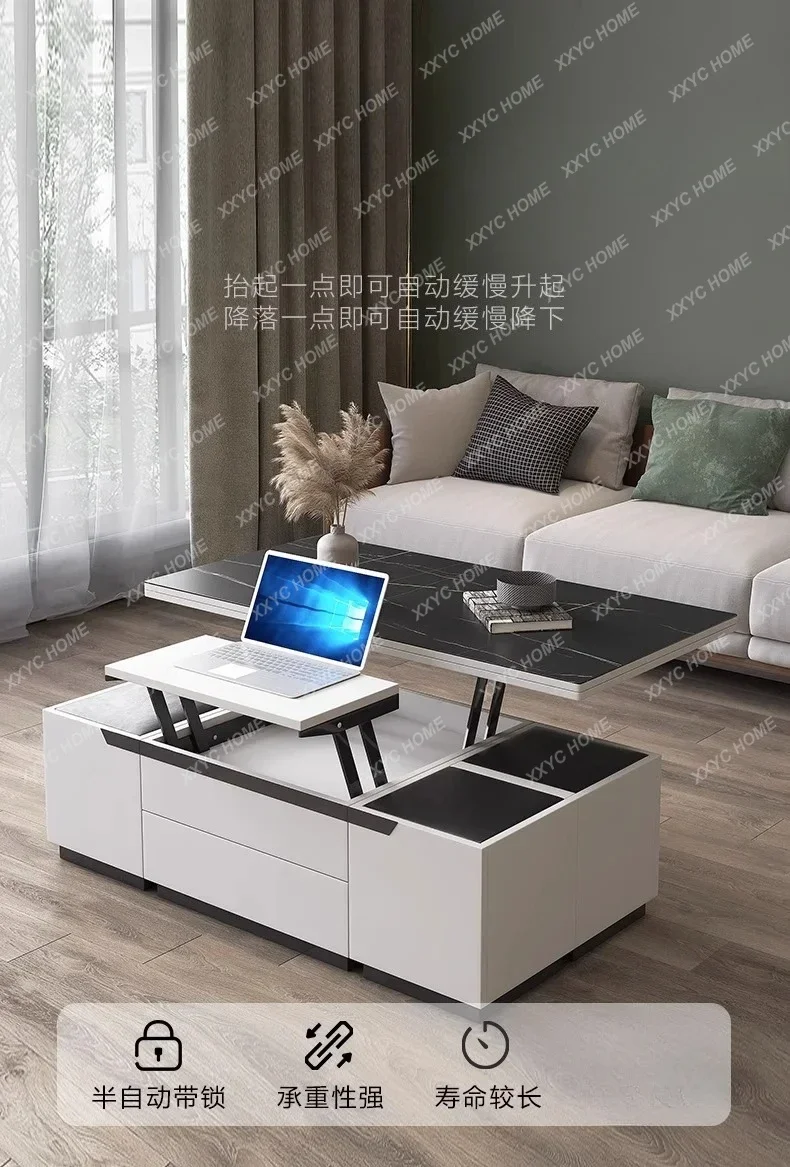 TT Simple Modern Multi-Functional Coffee Table Living Room Small Apartment Tempered Glass Lifting Coffee Table Dual-Use