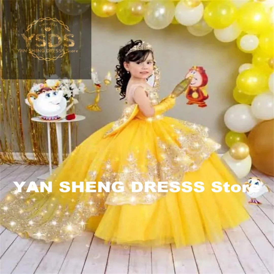 Gold Girls Princess Dress 2025 Tulle Tiered Flower Girl Dress Toddlers Beaded Lace Pageant Dress Customized Birthday Party Gowns