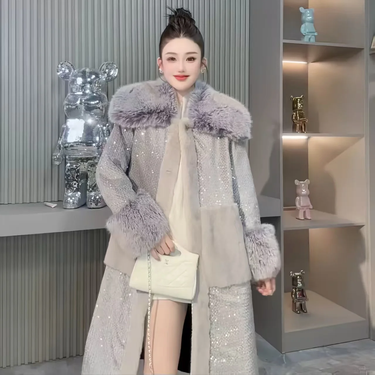 Faux Fox Fur Coat for Women,Single Breasted Long Jacket,Turn-down Collar Outwear,Sequins,Korean,Spliced,Autumn and Winter,2025