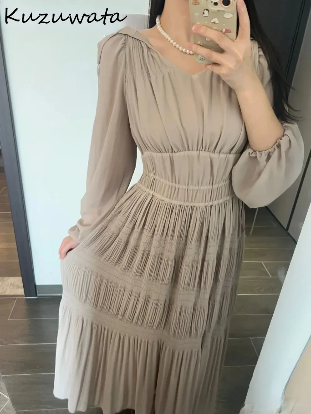 Kuzuwata Gentle O Neck Lantern Sleeve Chiffon Mujer Feminine Elegant Slim Waist Luxury Robe Japan Lace Up Backless Ruched Dress