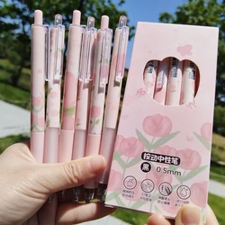 6pcs Pink Tulip Gel Pen 0.5mm Black Ink Kawaii Pen Set School Supplies Aesthetic Stationery Elegant Pens