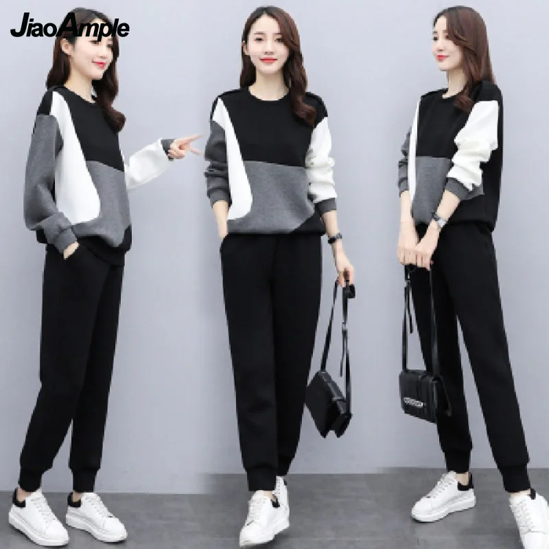 Women's Fashion Tracksuit Suit 2022 Autumn Casual Sweater Top Pants Two-Piece Korean Elegant Color-blocking Blouse Trousers Set