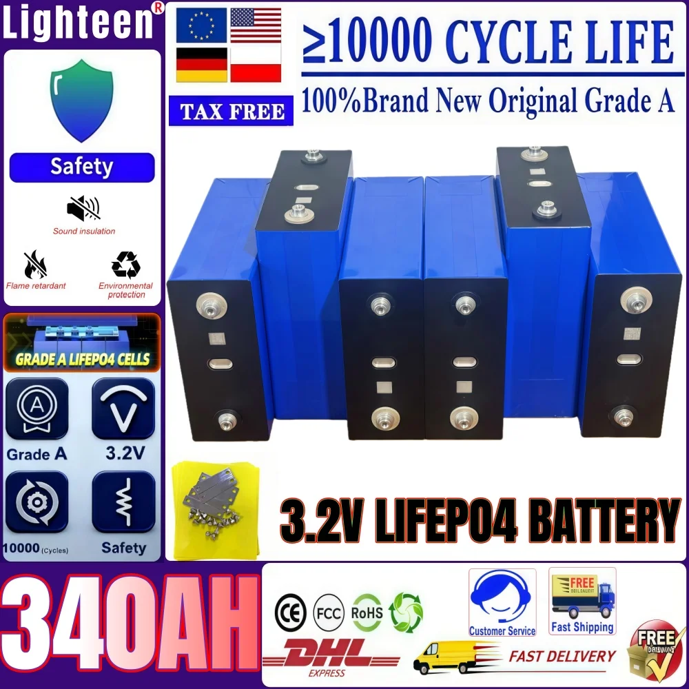 

Grade A 3.2V 340AH Lifepo4 Rechargeable Battery 10000 Cycles DIY 12V 24V 48V RV EV Boat Golf solar energy camping duty-free