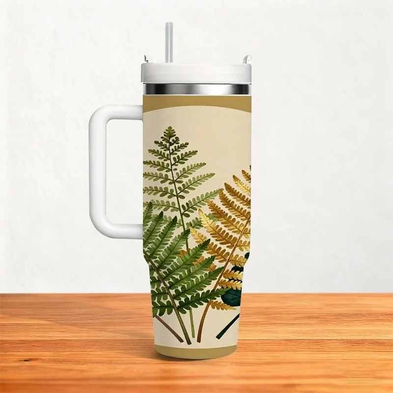 Stainless Steel 40oz Insulated Tumbler, Delicate Botanical Digital Print with Ferns Monstera Leaf & Purple Floral Elements, Reusable Drink Container for Daily Beverage, Outdoor Trips & Office Use
