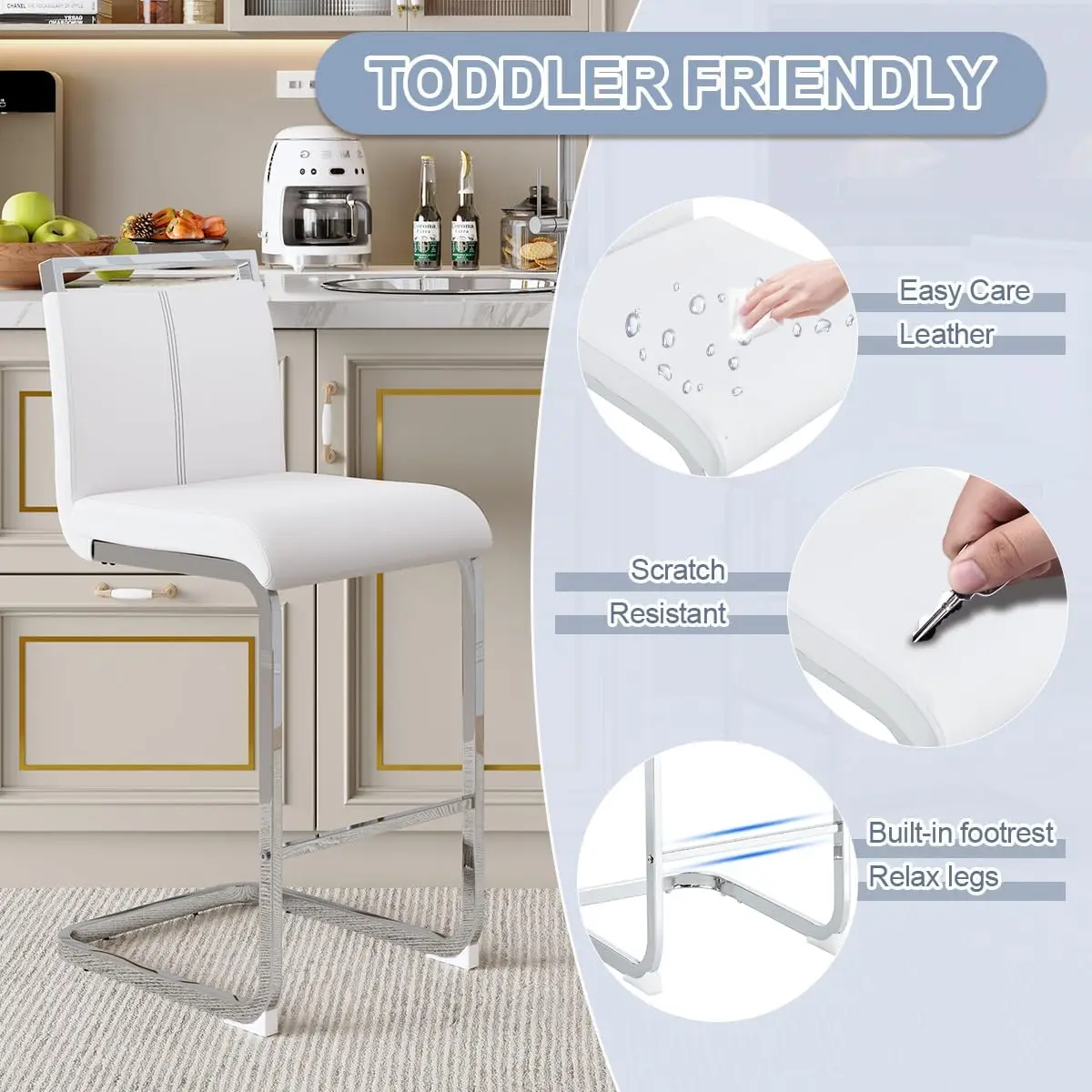 مجموعة مقاعد بار بارتفاع عداد مكونة من 3 قطع، مقاعد معدنية بيضاء بأرجل من الكروم الفضي، ودعم خلفي لجزيرة المطبخ