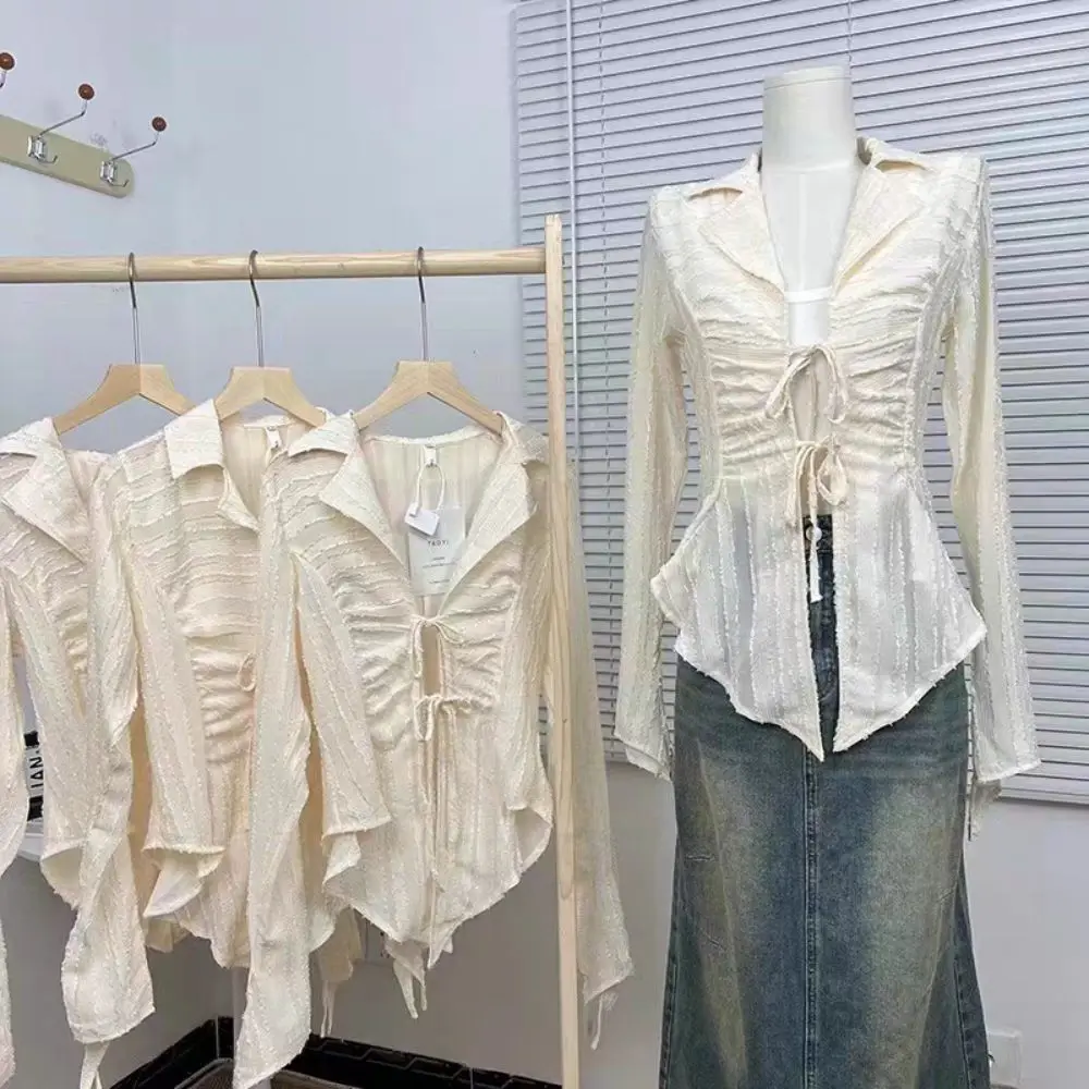 

Шифоновая солнцезащитная рубашка с v-образным вырезом, нестандартная свободная бежевая рубашка, женская сетчатая блузка на шнуровке с рюшами на каждый день