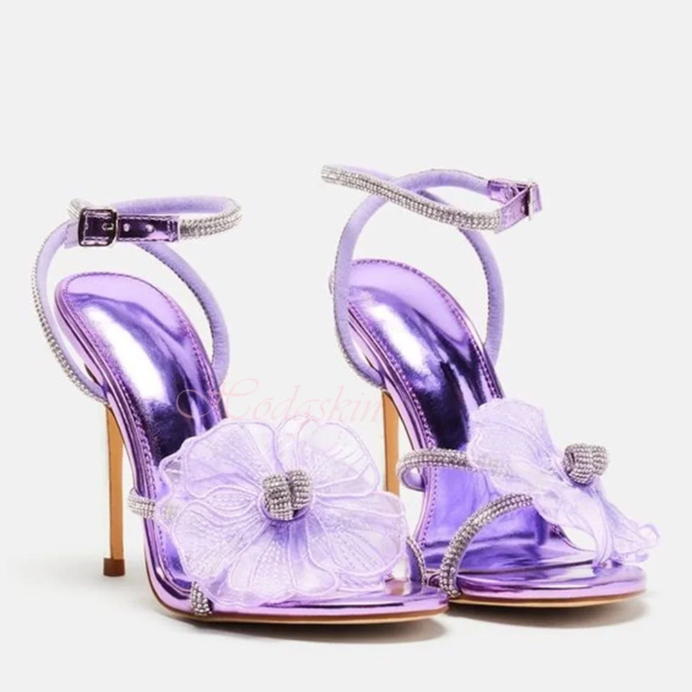 

Mesh Flower Straps Buckles Sandals Open Teo Solid Stiletto Heels New Style Women Shoes Summer Party Designer Sandals Crystal