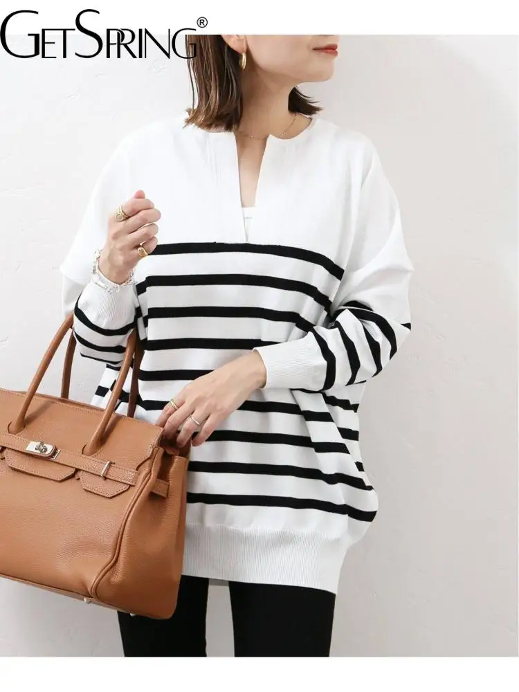 Getspring Women Sweater Full Sleeve V Neck Striped Knitted Sweater All Match Bottoming Pullovers Loose Autumn Winter Tops 2024