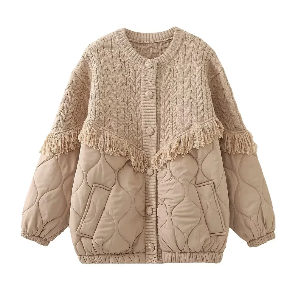 2023 Autumn Winter New Fashion Sweet Casual Tassel Women Thick Jacket Knitted Panel Lightweight Female Cotton Coat