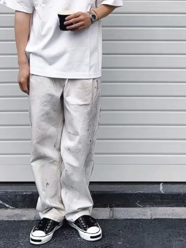 

ibuya Clothing MDNS25SS Faded Waed Heavy Du Casual Workwear Pants Ink Splatter Vintage Sle Youthful Spring Collection