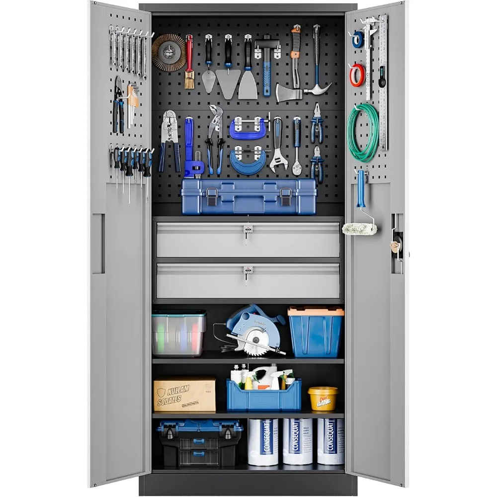 Metal Garage Storage Cabinet with Locking Doors and 2 Drawers, Heavy Duty Steel Tool Cabinet with Pegboard, 71