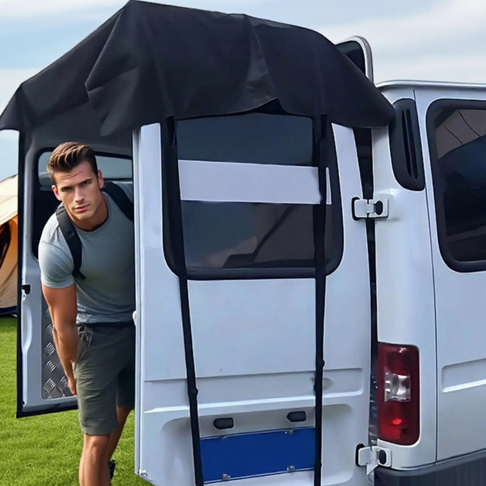 RV Rear Door Awning - Waterproof & Windproof Truck Campers Van Tailgate Shelter for Camping, Beach Picnics, Outdoor Activities