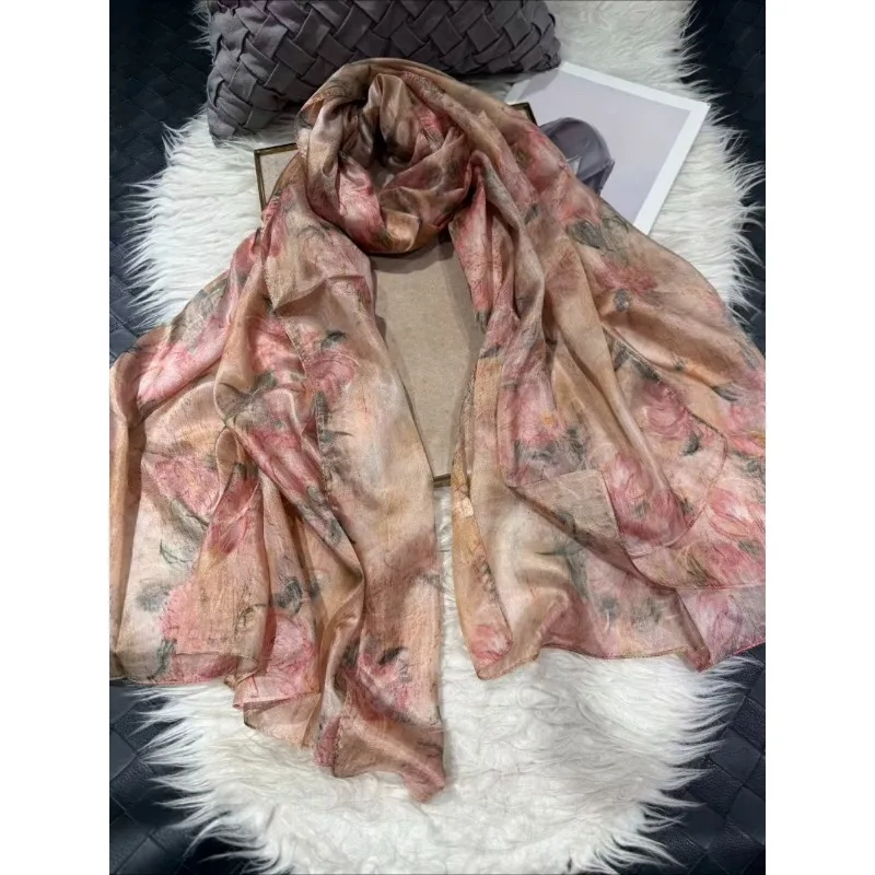 

Lightweight Large 100% Mulberry Silk Scarf for Women Oblong Shawl Neck Scarf Beach Wrap Headscarf Gift Pack Pink Floral Print