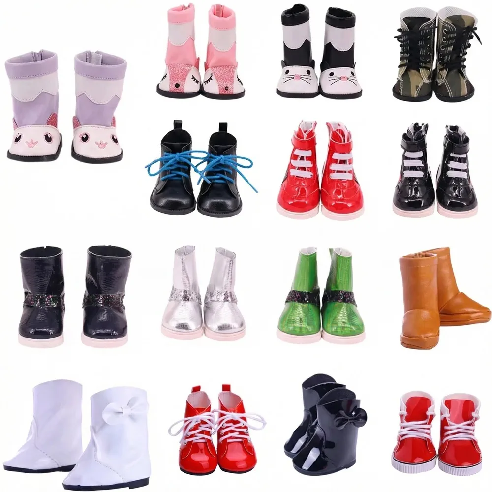 Zapatos de muñeca de 7CM, botas altas, zapatos de cuero brillante, accesorios con bonitos diseños para muñecas americanas de 18 pulgadas y muñecas de 43CM, juguetes para niños, regalos