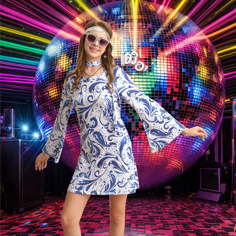 6070s Disco Outfit for Women Print Dress Psychedelic Hippie Costume Set for Halloween Party Cosplay