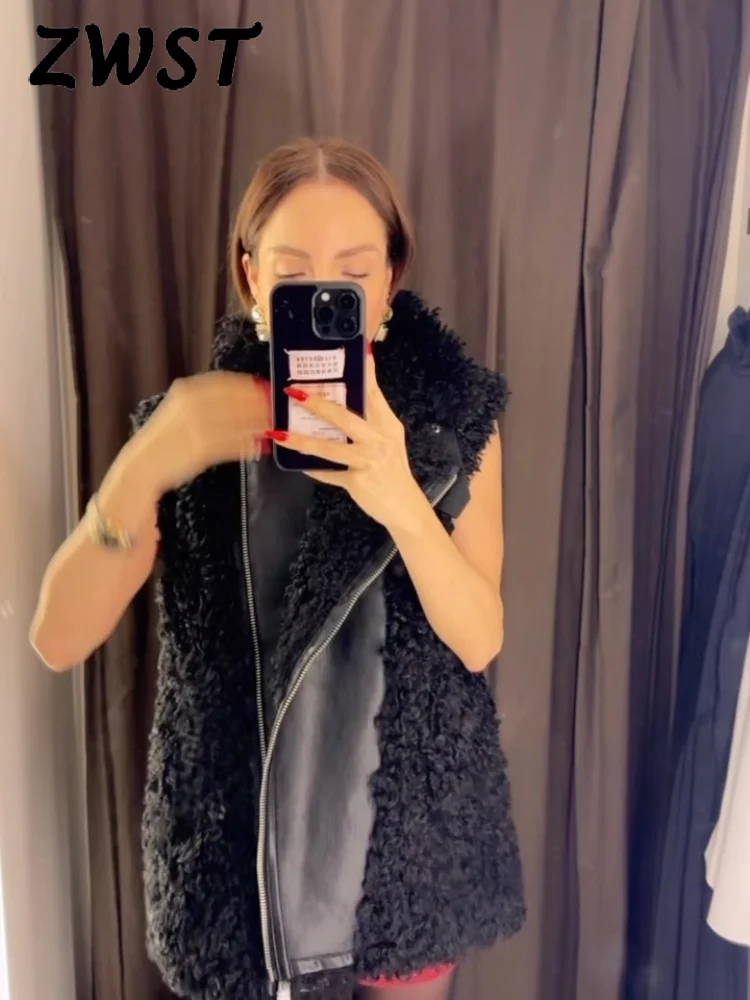 

Elegant Lamb Wool Pu Thicken Vest Women Fashion Double Sided Sleeveless Lapel Zippers Female Jacket 2026 Vintage Lady Vests