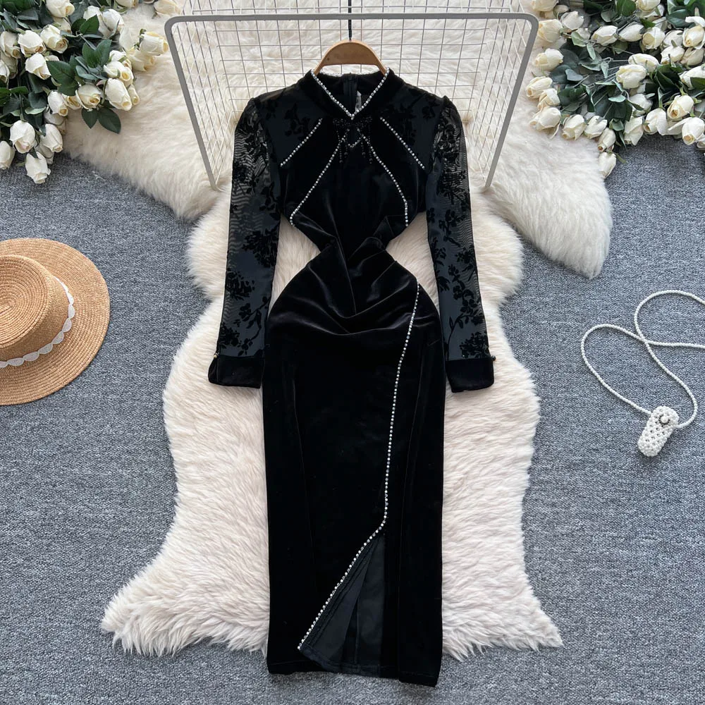 シックなヴィンテージベロアメッシュ長袖ドレスエレガントな妖精韓国ファッション秋パーティー女性服