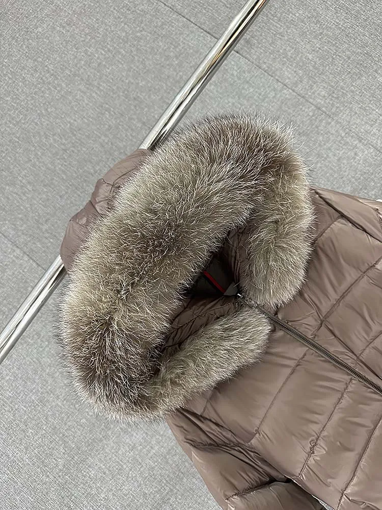 Silver Fox Fur Collar Long Down Jacket Hooded 2024 Winter with Belt Long Sleeve Thick Warm Slim Mid Length Coat Casual Outerwear