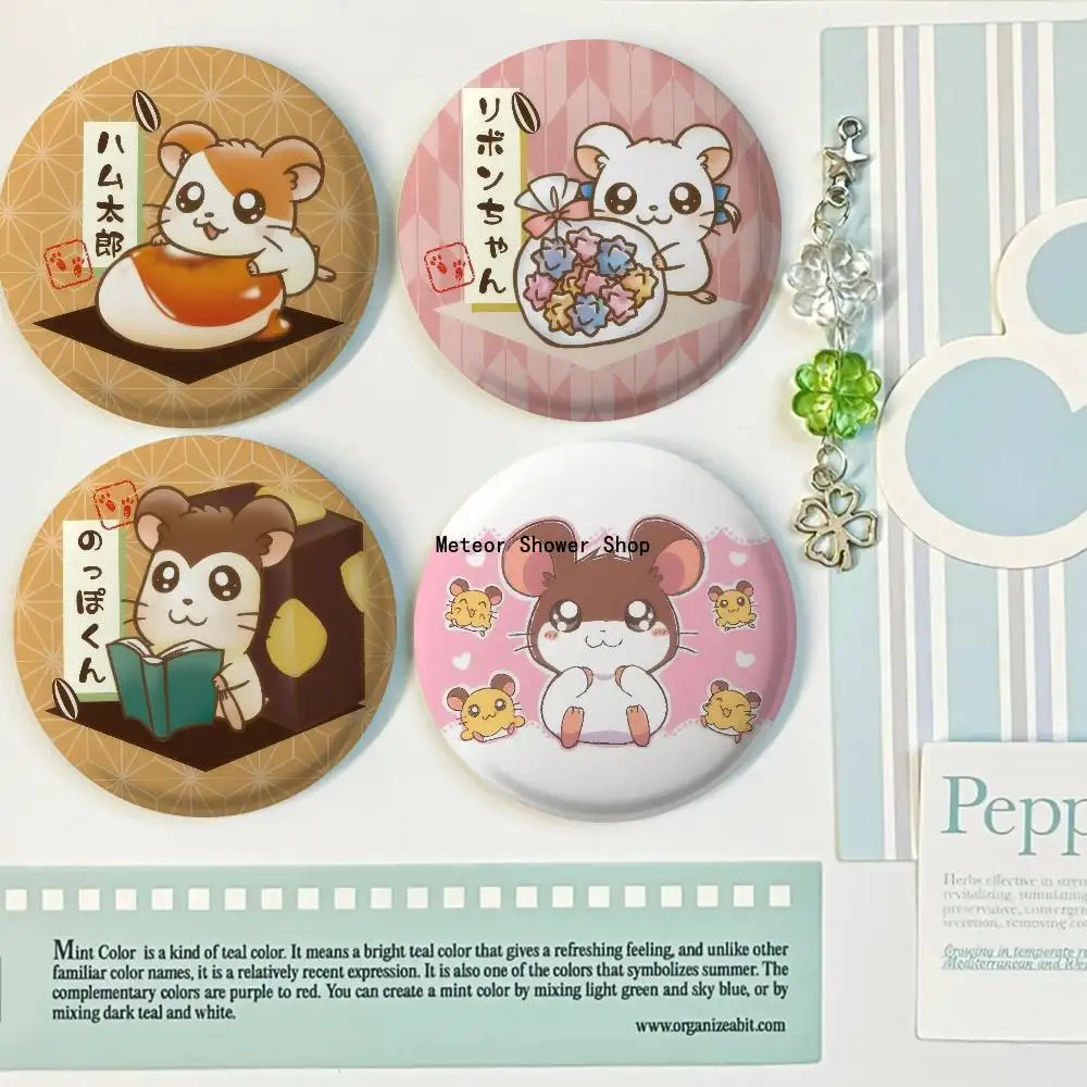 Lindo dibujos animados Hamtaro Kawaii pequeño hámster insignias Anime redondo láser insignia broche de dibujos animados ropa mochila accesorios solapa