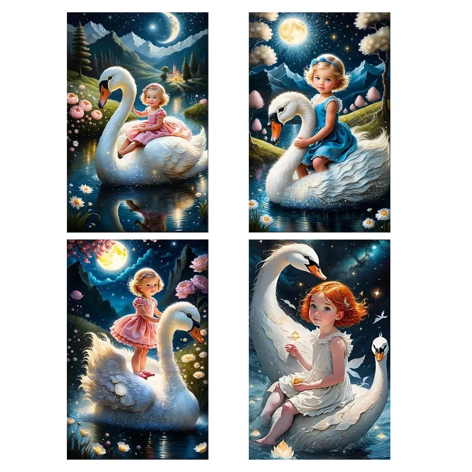 Cute Kids And White Swan Cartoon DIY Diamond Painting Full Drill Mosaic Embroidery Fantasy Landscape Kids Room Decoration Gifts