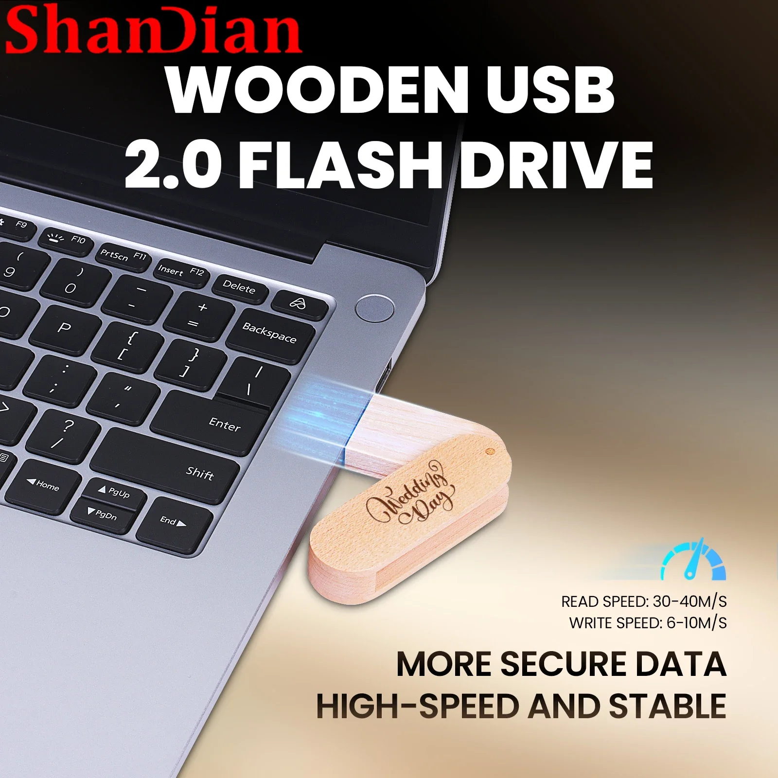 SHANDIAN Transparent Cover Wooden Push-pull Box USB 2.0 Flash Drive 128GB Free Custom Logo Pen Drive 64GB USB Stick Wedding Gift