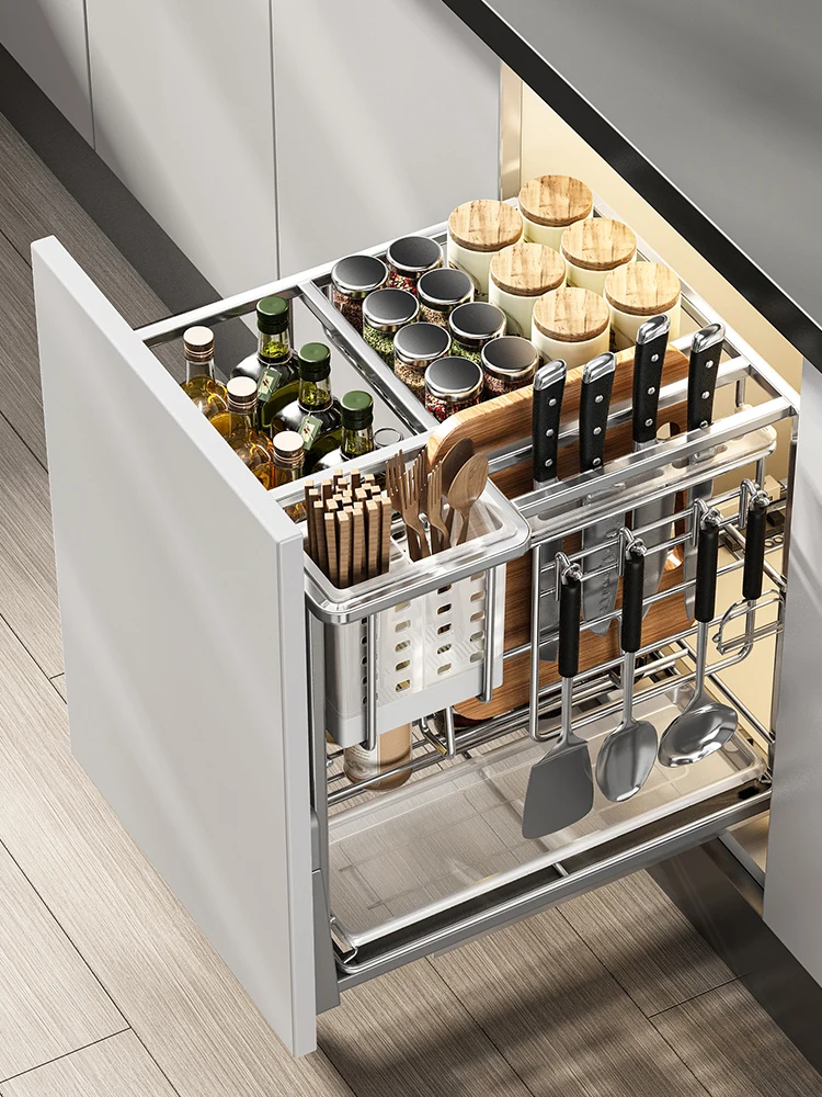 

Seasoning basket 304 stainless steel kitchen cabinets seasoning basket double drawer storage basket