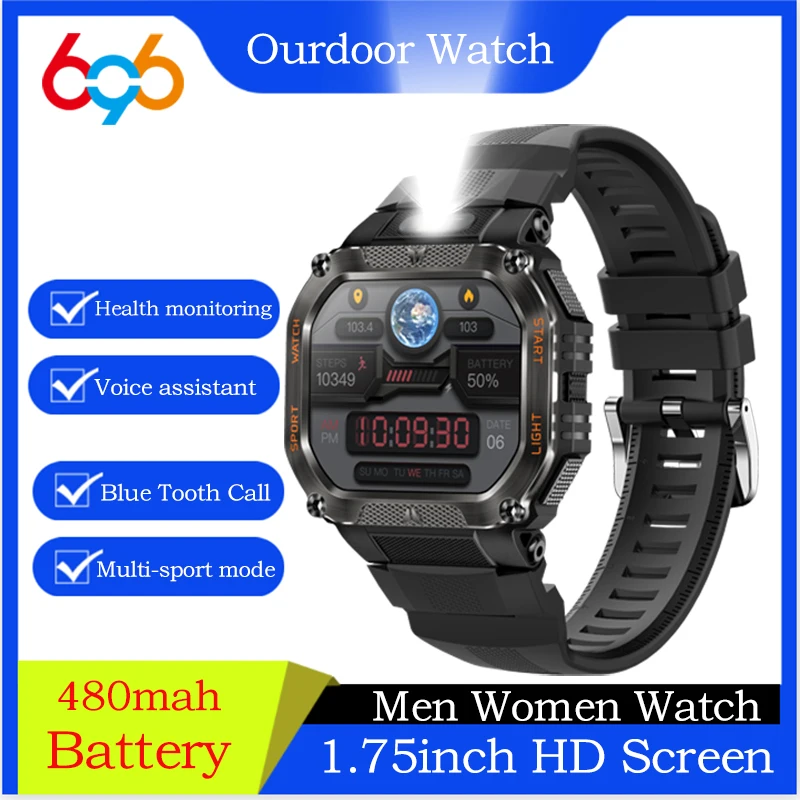 

New Outdoor Flashlight Men Women Sports Smartwatches Waterproof Blue Tooth Call 480mah Battery Health Smart Watch Alarm Clock