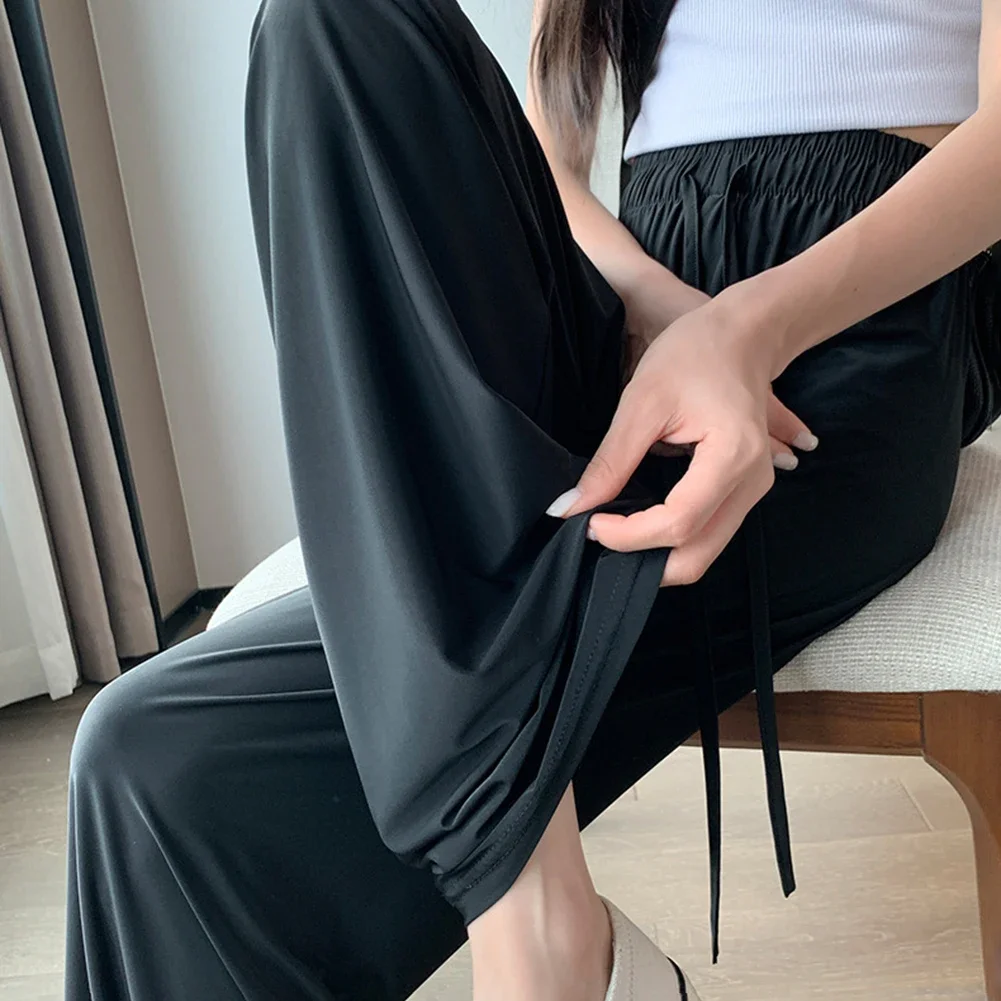 

Spring Fashion Ice Silk Trousers Breathable Pants Black All Seasons Leisure Style Regular Length Slight Elastic