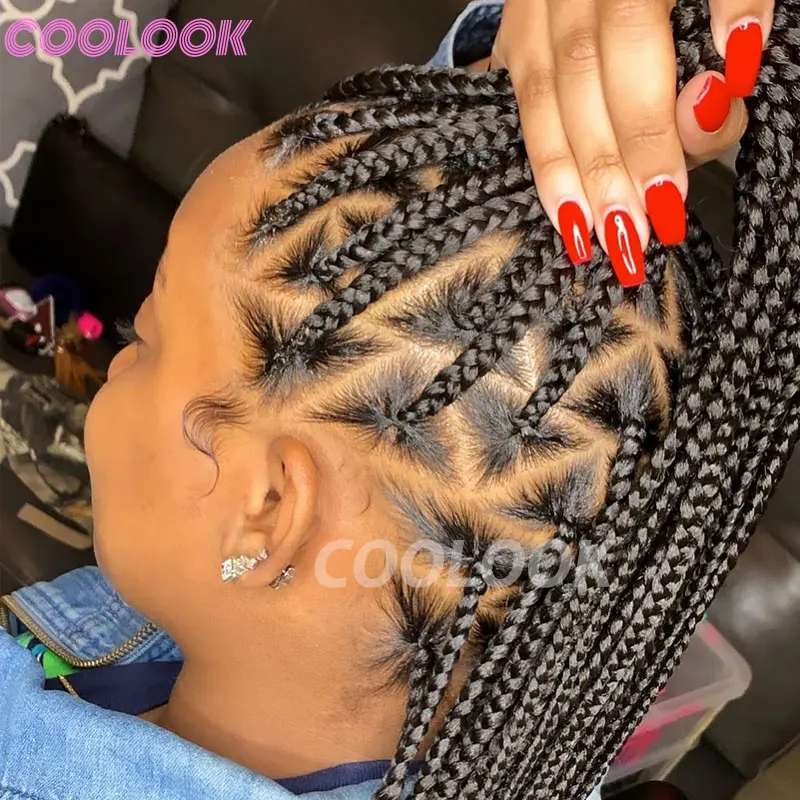 Coolook Synthetic Braided Wigs Full Lace Front Cornrow Braid Wigs For Black Women Twist Triangle Braids Wig Faux Locs Braids Wig