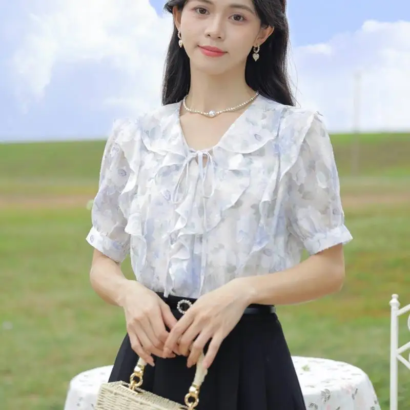 Korea Ruffles V-neck Blouses Women Long Sleeve Floral Lace-up Fairy Holiday Tender Temperament Ladies Spring Leisure