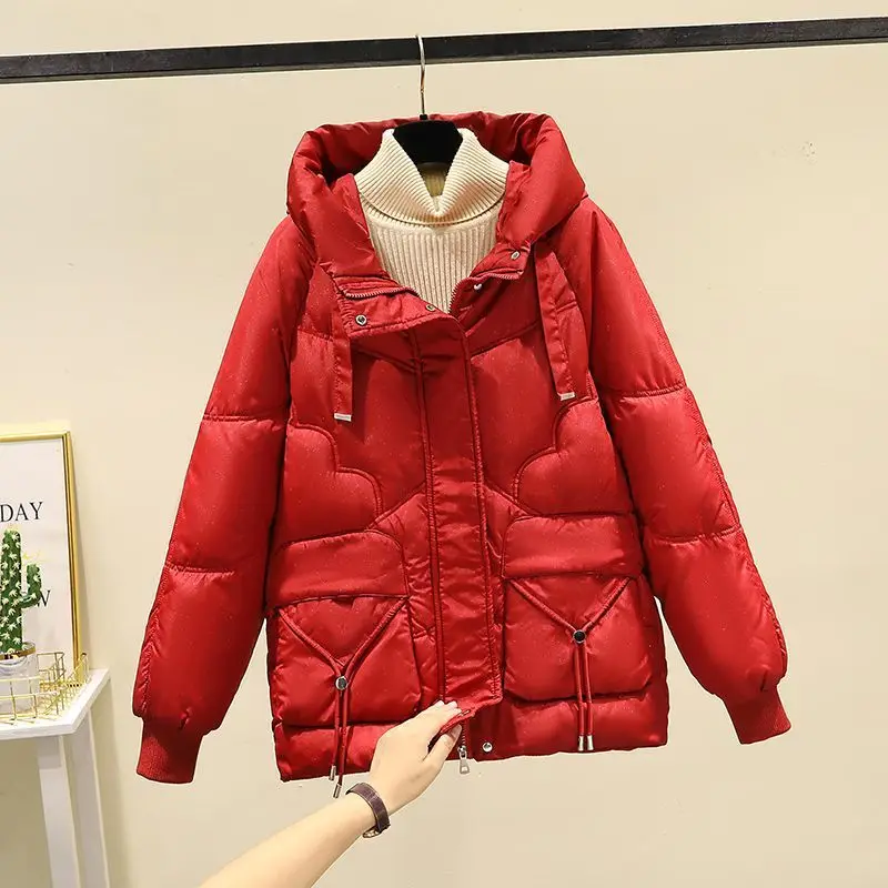 2023 New Women Down Cotton Coat Winter Bread Jacket Female Mid Length Version Parkas Thick Loose Outwear Hooded Overcoat