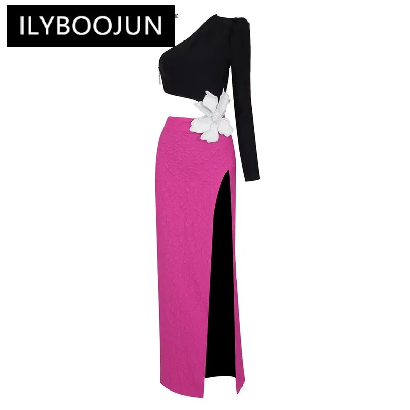 

ILYBOOJUN Colorblock Patchwork Appliques Sexy Dresses For Women Diagonal Collar One Shoulder High Waist Slimming Dress Female