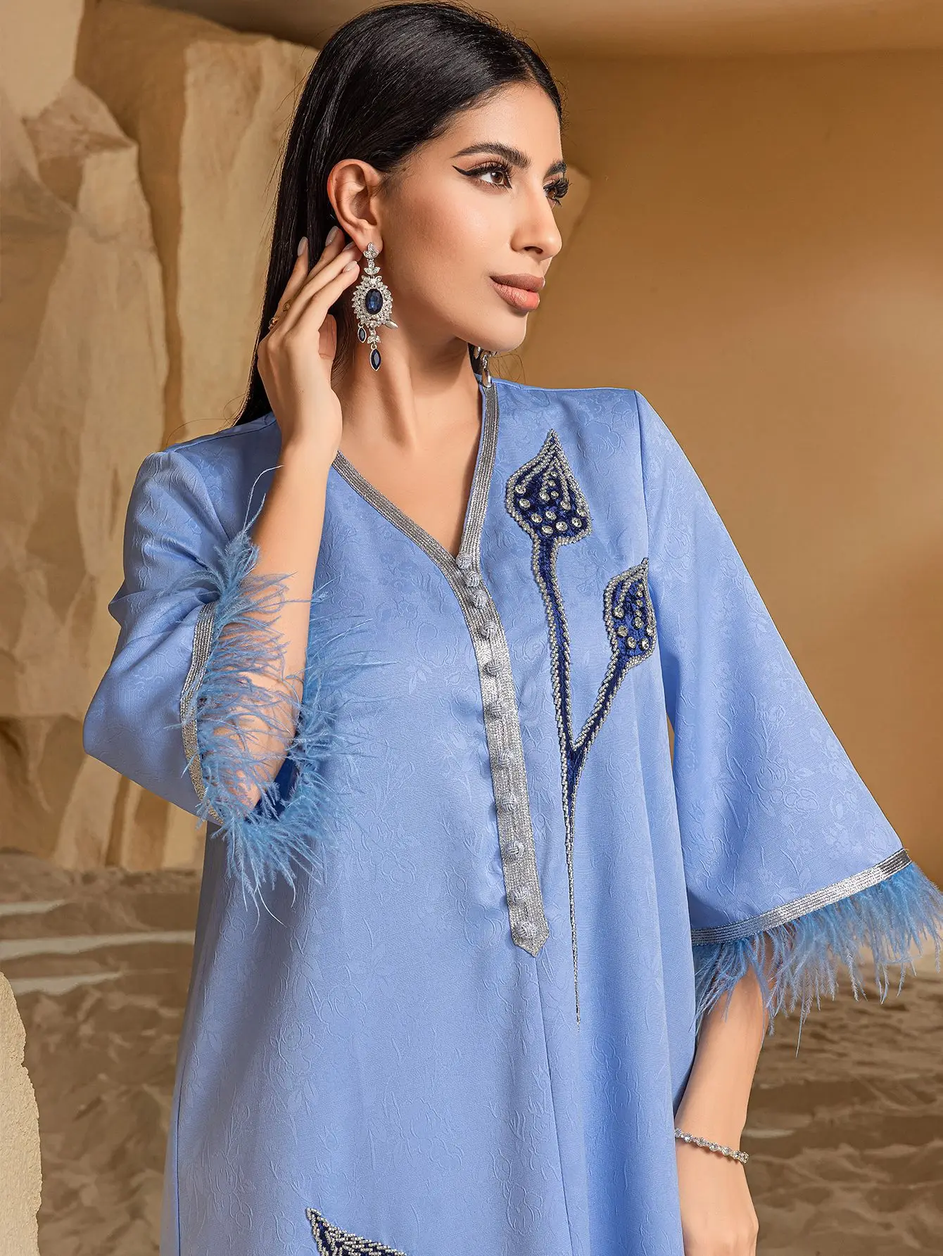 

New Rhinestone Decorated Maxi Dress Feathers Decoration Sleeve Abayas Summer Dress Woman 2025 Trendy