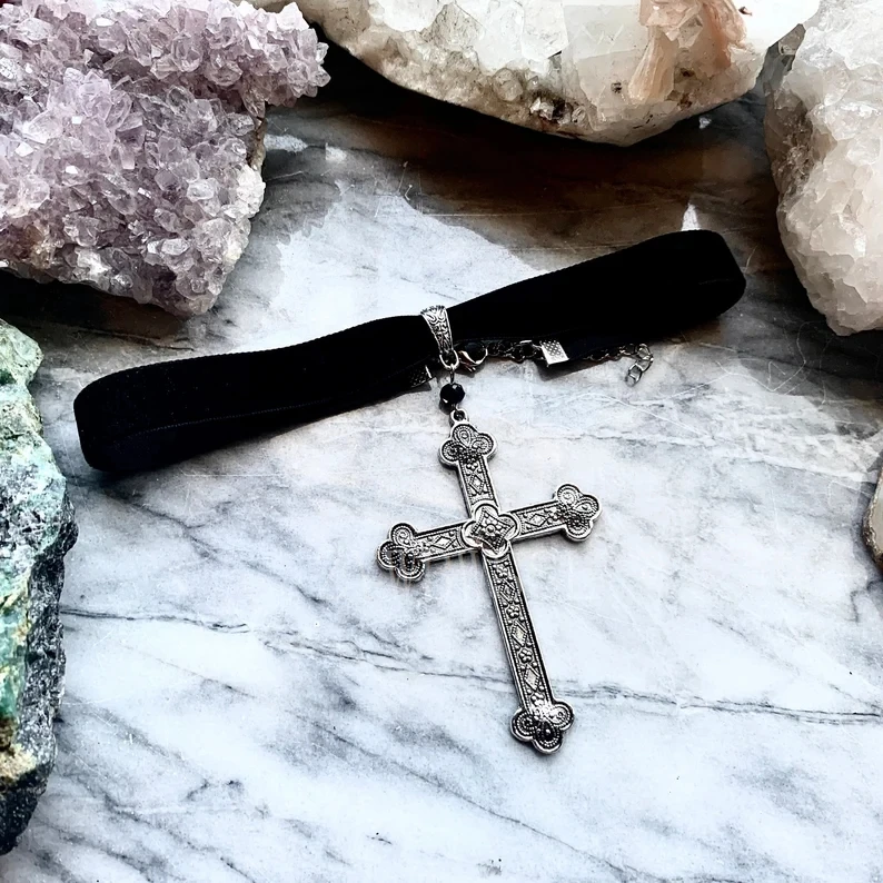 Gothic Goth Large Cross Choker Jewelry Women Gift Pagan Wiccan Pendant Statement Halloween Handmade Necklace Charm