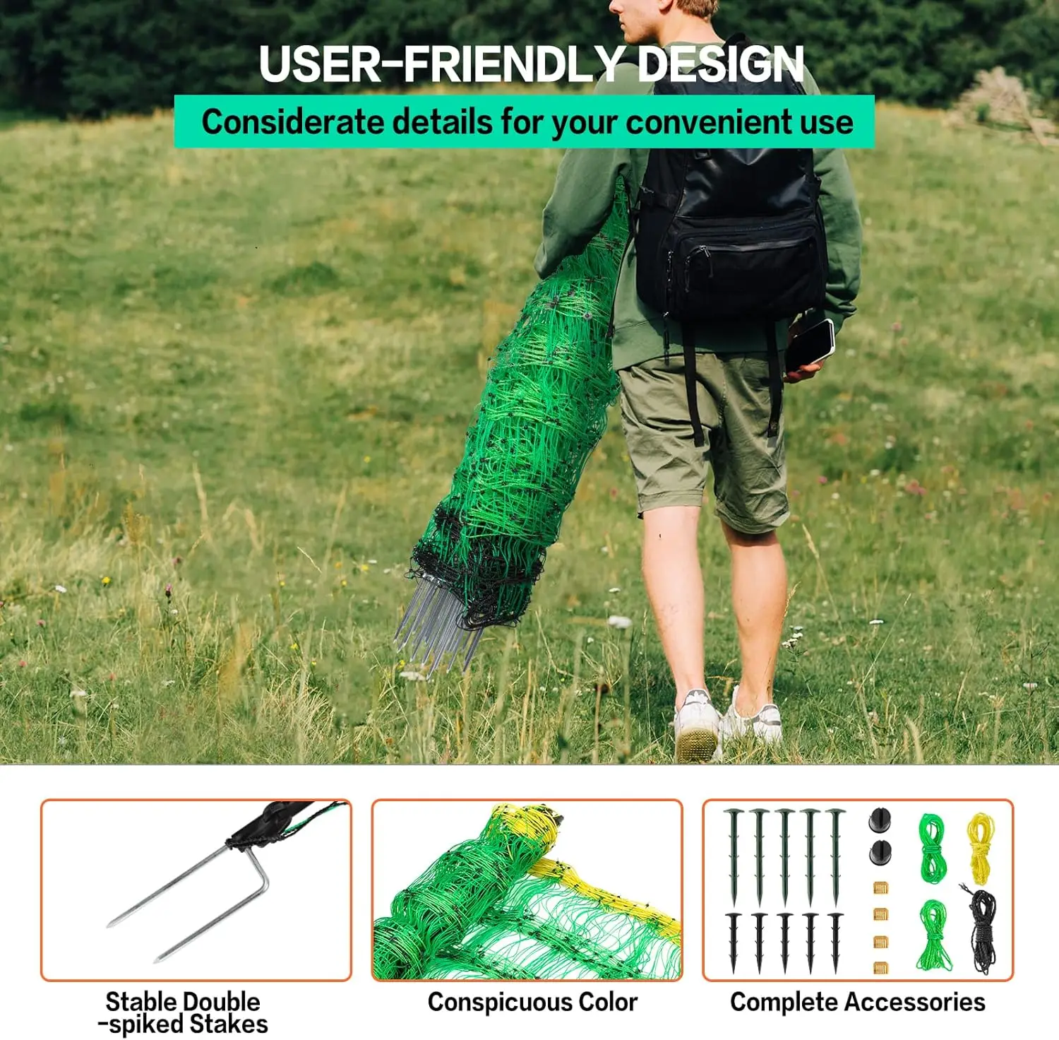 Electric Fence Netting 49.6" H x 164' L, PE Mesh Kit with Posts for Sheep Goats Deer Dogs